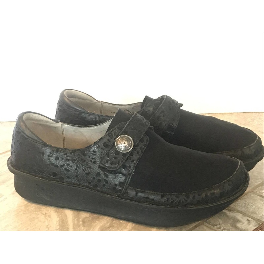 Alegria DEN-435 Women Black Embossed Leather Neoprene Shoes Size 40 US 9